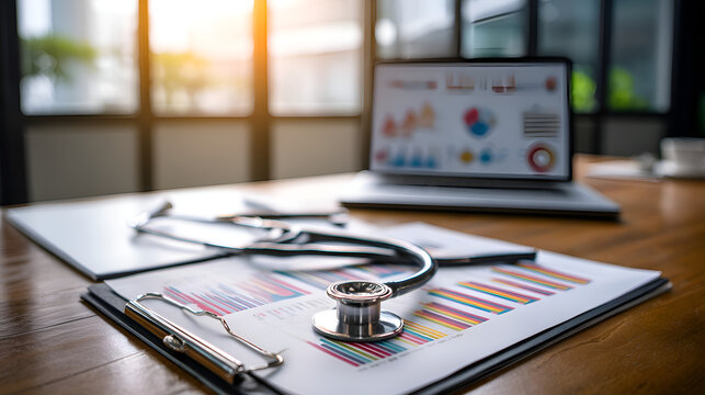 Stethoscope lying on medical charts with laptop showing statistics in the background - Powered by Adobe