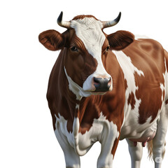 A brown and white spotted cow standing and looking forward isolated on transparent background