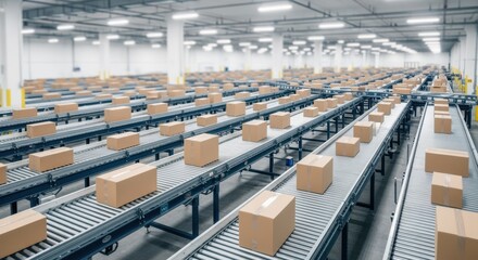 Fototapeta premium Overhead view of conveyor belts moving boxes in a modern distribution center