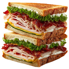 A tall stacked club sandwich with turkey, bacon, lettuce, and tomato isolated on white on transparent background