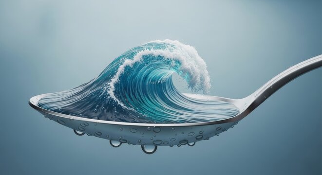 A spoon holding a miniature ocean wave frozen in motion