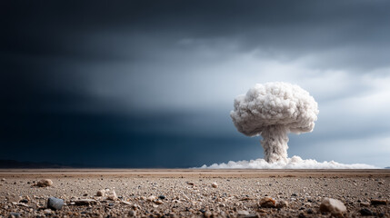 Large nuclear mushroom cloud rises from an explosion in a barren desert landscape under a dramatic sky -  test of nuclear bomb on desert.