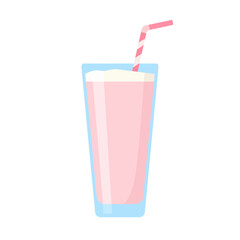 A tall glass of pink strawberry milkshake with white foam and a striped drinking straw.