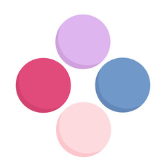 Geometric arrangement of four colorful flat discs in pastel shades of pink, purple, and blue.