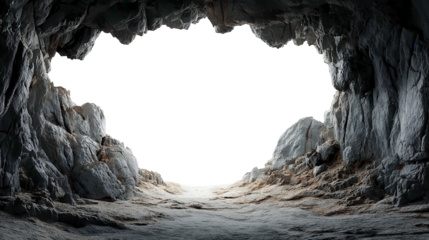 Stone cave interior featuring rough walls, transparent background, offering dramatic setting for compositing and digital art design projects