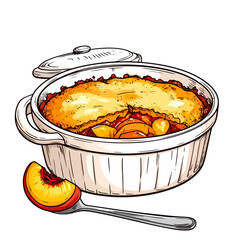 Hand-drawn peach cobbler with a golden crust in a white ceramic dish, featuring a fresh peach slice on a spoon.