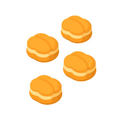 Four golden-yellow sandwich cookies with a creamy filling. Isometric vector illustration of a sweet dessert.