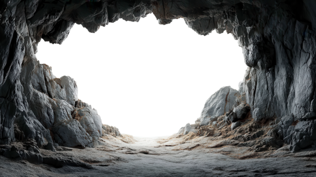 Stone cave interior featuring rough walls, transparent background, offering dramatic setting for compositing and digital art design projects