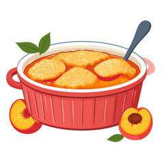 Freshly baked peach cobbler with golden dumplings in a red ribbed casserole dish, ready to serve.