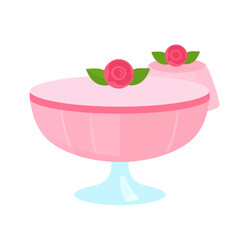 Elegant pink pudding dessert in a glass compote, garnished with small stylized roses.