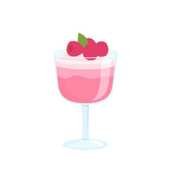 Pink raspberry mousse dessert in a stemmed glass with fresh berries and mint garnish.