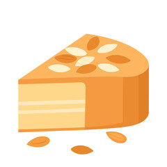 A delicious slice of layered almond cake topped with whole and sliced nuts, in a flat vector style.
