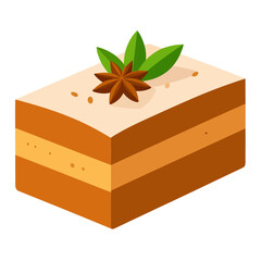 Rectangular slice of layered spice cake with star anise and mint leaf garnish.