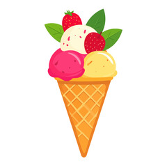 A colorful three-scoop ice cream in a waffle cone, garnished with fresh strawberries and green mint leaves.