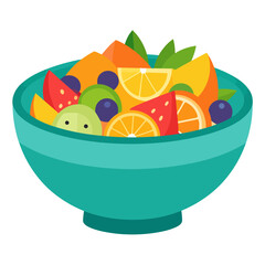 A vibrant, stylized illustration of a fresh fruit salad in a teal bowl, featuring citrus, berries, and melon slices.
