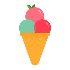 Colorful three-scoop ice cream in a waffle cone with a mint leaf garnish. Flat vector illustration.