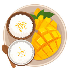 Thai Mango Sticky Rice dessert with sliced yellow mango, coconut milk, and toasted beans on a plate.