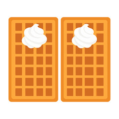 Pair of rectangular golden waffles with a dollop of white whipped cream, flat vector illustration.