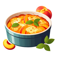 Vibrant illustration of a warm peach cobbler dessert with fresh fruit and green leaves in a blue ceramic bowl.