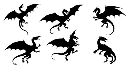 Dragon silhouettes set. Black dragon collection.