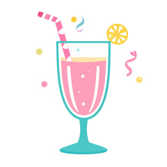 Festive pink cocktail in a turquoise glass with a striped straw, lemon slice, and colorful confetti.
