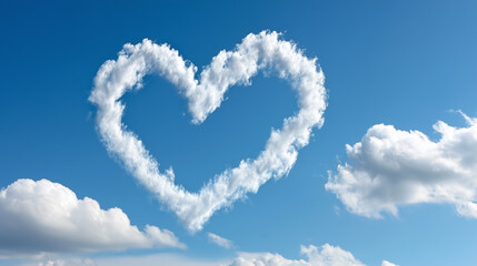 Heart-shaped cloud floats on a bright blue sky surrounded by fluffy white clouds.