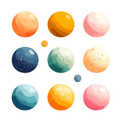 Colorful collection of stylized cartoon planets with unique speckled and layered textures.