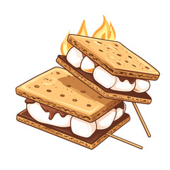 Stacked toasted s'mores on skewers with gooey melted chocolate and flaming marshmallows.