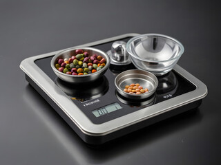 Fototapeta premium Precision Measurement: Various bowls, filled with beans, rest on a modern electronic scale against a backdrop of elegant minimalism, offering a close-up view of accurate measurement