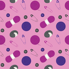 Seamless Pattern with Yarn Balls, Buttons, and Safety Pins on Pink