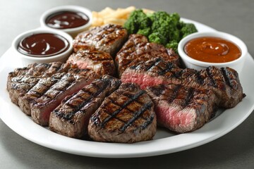 Delicious grilled steak plate with broccoli and sauces