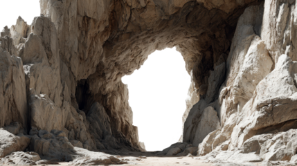 Sunlight illuminates a majestic rock arch in a desert landscape, creating a striking frame against a transparent background, perfect for compositing and creative projects