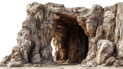 Large rock formation with an opening creating a natural cave entrance, set against a transparent background, providing a versatile element for various design projects