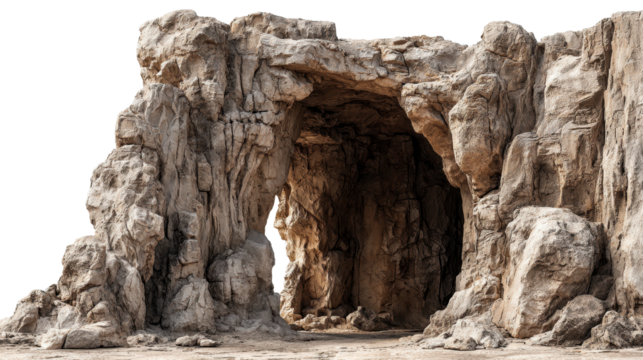 Large rock formation with an opening creating a natural cave entrance, set against a transparent background, providing a versatile element for various design projects