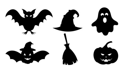 Set of Halloween silhouette collection elements on tranparent background