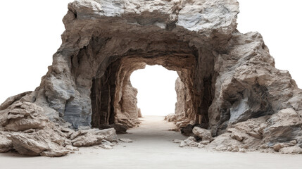 Bright light streaming through rocky cave entrance, revealing textured stone walls and shadowy passageway with transparent background, perfect for digital compositing