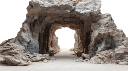 Bright light streaming through rocky cave entrance, revealing textured stone walls and shadowy passageway with transparent background, perfect for digital compositing