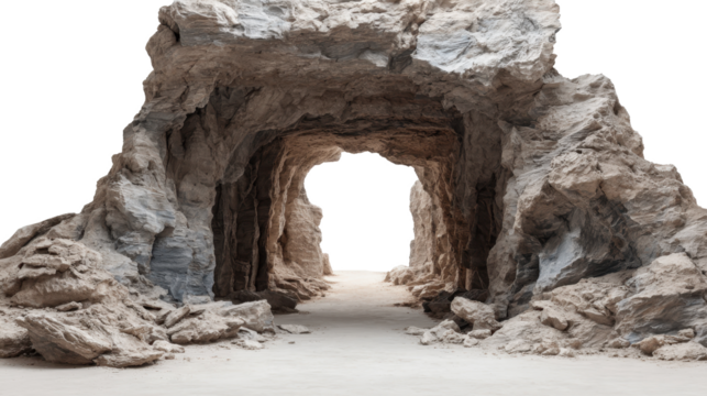 Bright light streaming through rocky cave entrance, revealing textured stone walls and shadowy passageway with transparent background, perfect for digital compositing