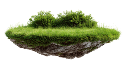 Piece of land covered with vibrant green grass and bushes floats in mid air against a transparent background, creating a surreal and fantastical scene