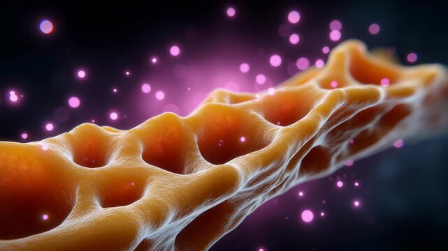 Cell culture meat concept, A close-up, detailed view of a porous bone structure with glowing particles and a dark background.