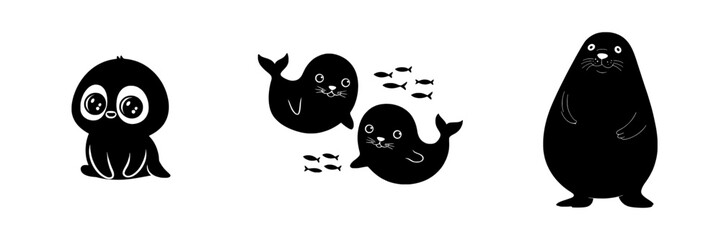 Obraz premium A cute seal is depicted as a black silhouette in a modern flat illustration, isolated on a white background with a cartoon animal design