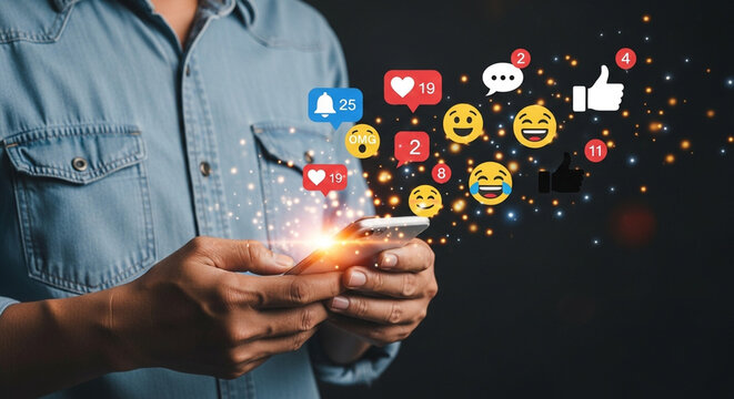 A person is immersed in the digital world of social media, their smartphone illuminating with a constellation of likes, comments, and emojis.
