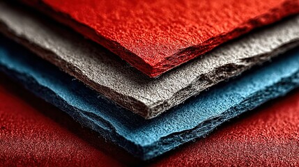 Red, blue, and white paper sheets arranged at an angle on a red background