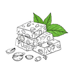 Hand-drawn sketch of stacked nougat bars with whole nuts and fresh green leaves.