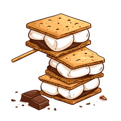 A cartoon stack of three s'mores with melted chocolate, puffy marshmallows, and a wooden stick.