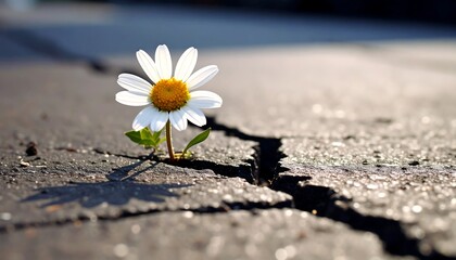 Daisy growing through cracked pavement symbolizes resilience and hope amidst adversity and urban challenges