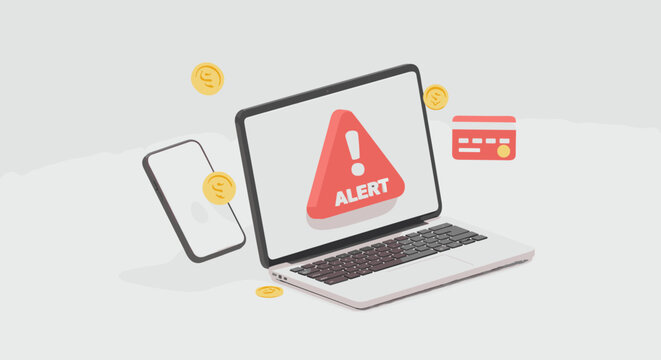 3d alert sign on laptop with digital payment icons