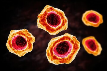 Microscopic view of human cells in fiery colors