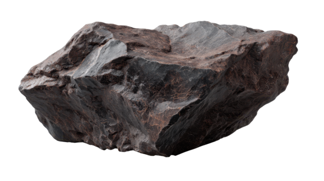 3d rendering of a dark, jagged rock floating against a transparent background, creating a dramatic and isolated presentation suitable for geological studies or visual projects