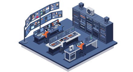Obraz premium Modern control room with monitors and operators in isometric design